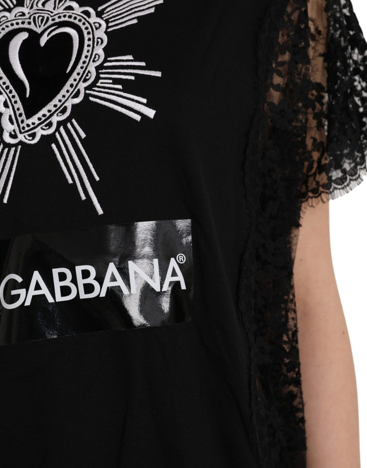 Black cotton lace T-shirt with Sacred Heart print