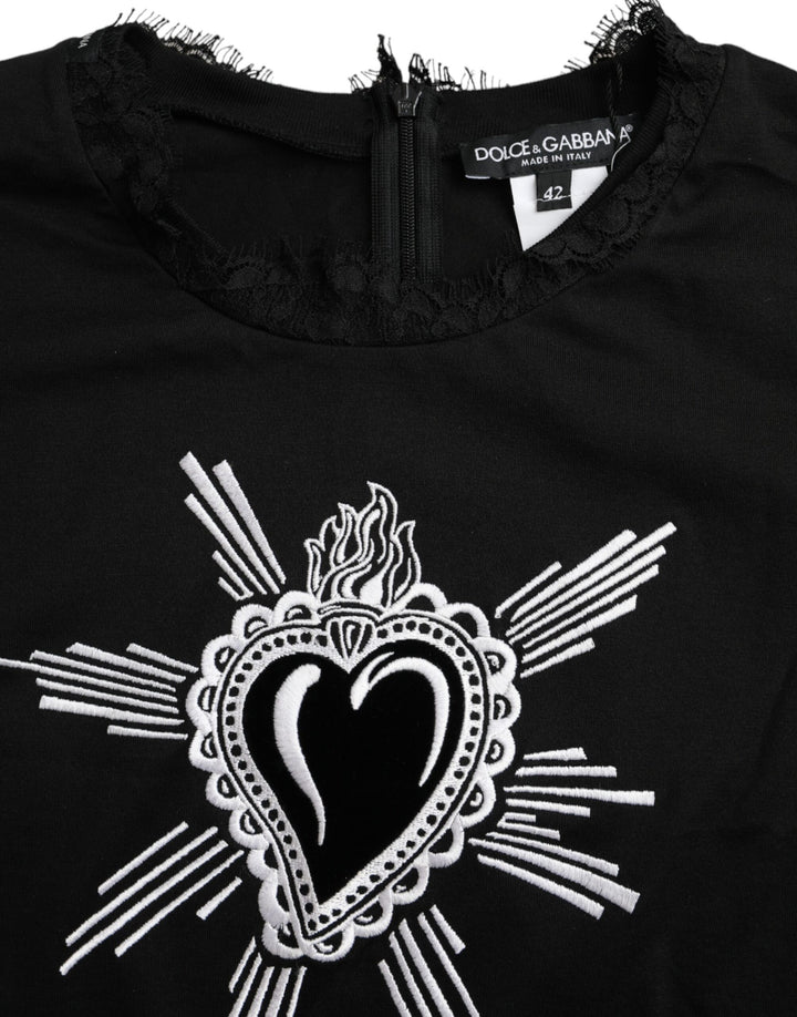 Black cotton lace T-shirt with Sacred Heart print