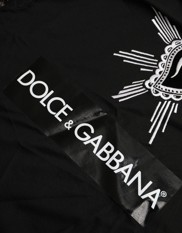 Black cotton lace T-shirt with Sacred Heart print