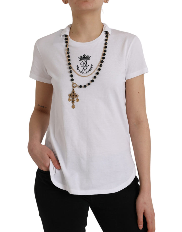 Weißes Baumwollketten-T-Shirt mit kurzen Ärmeln
