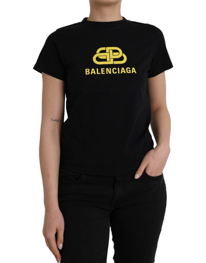 Black round-neck, short-sleeved cotton T-shirt with logo print