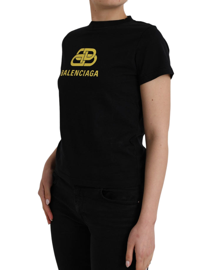 Black round-neck, short-sleeved cotton T-shirt with logo print
