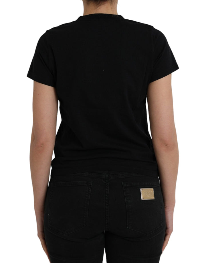 Black round-neck, short-sleeved cotton T-shirt with logo print