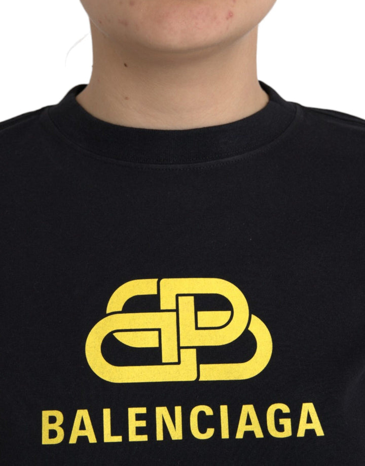 Black round-neck, short-sleeved cotton T-shirt with logo print