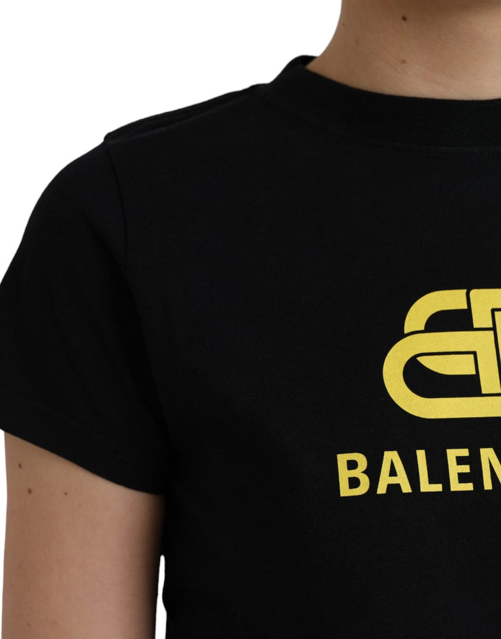 Black round-neck, short-sleeved cotton T-shirt with logo print
