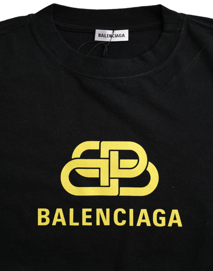 Black round-neck, short-sleeved cotton T-shirt with logo print