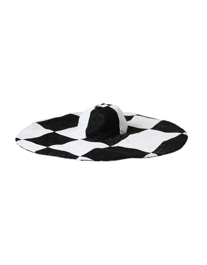Black and white checked floppy hat with a wide brim
