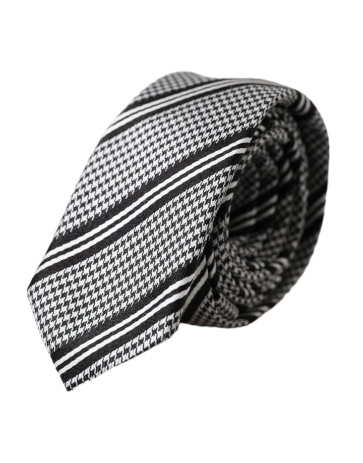 Black and white striped silk tie adjustable