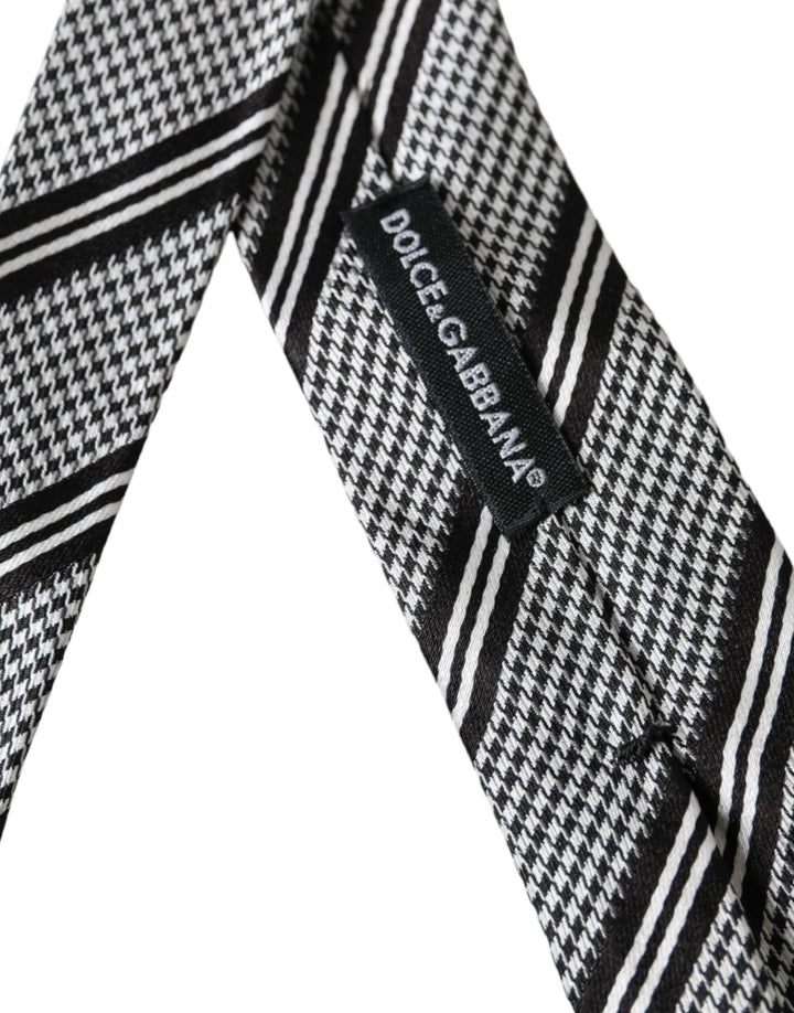 Black and white striped silk tie adjustable