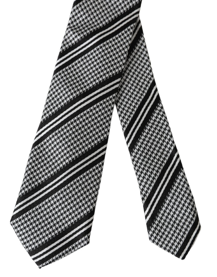 Black and white striped silk tie adjustable