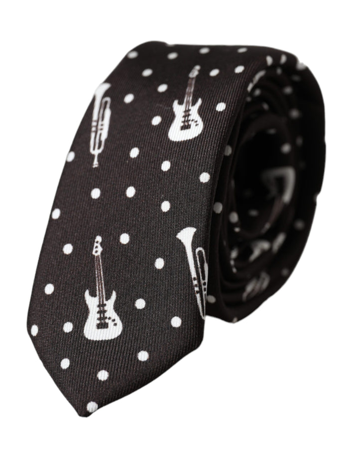 Schwarze Seidenkrawatte mit Gitarrenmotiv, verstellbar
