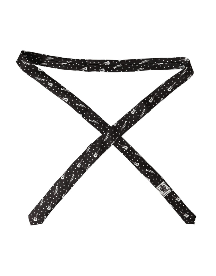 Schwarze Seidenkrawatte mit Gitarrenmotiv, verstellbar