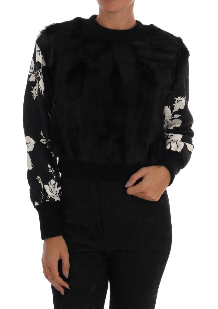 Black sweater with floral brocade and fur
