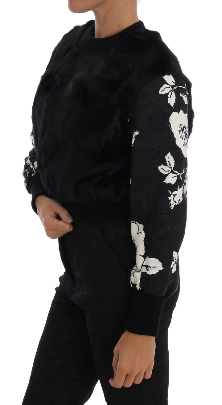 Black sweater with floral brocade and fur