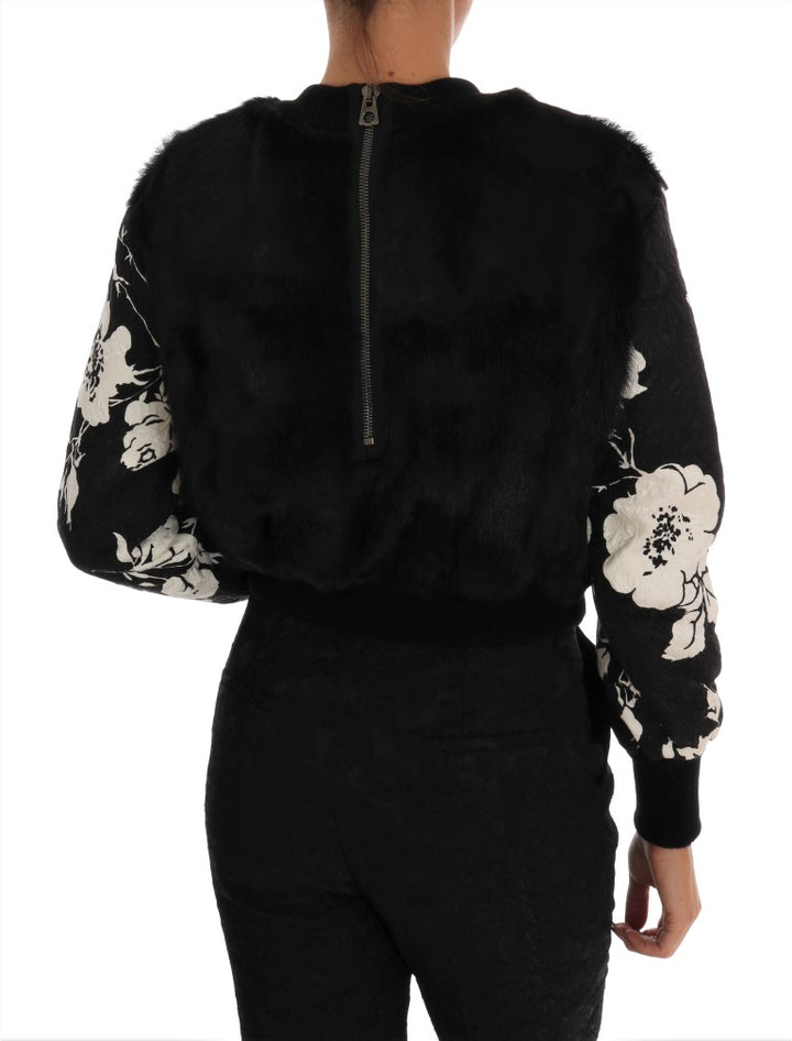 Black sweater with floral brocade and fur