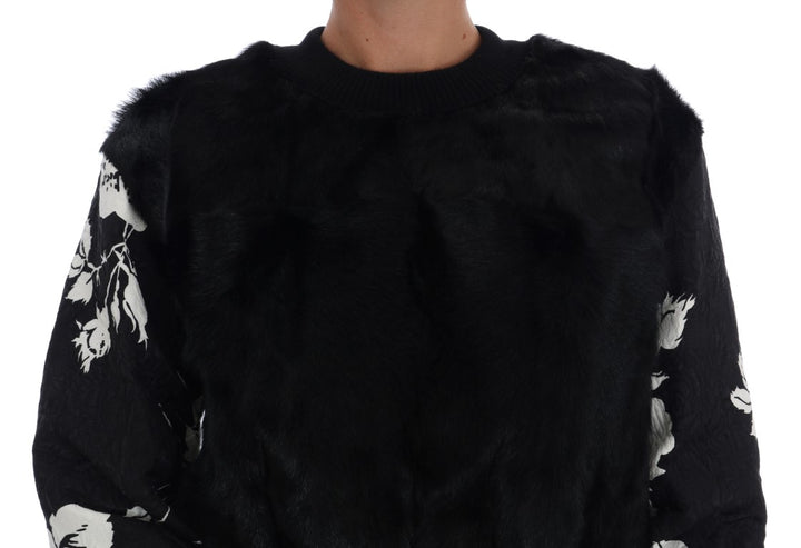 Black sweater with floral brocade and fur