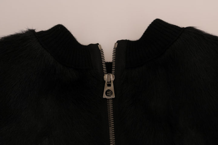 Black sweater with floral brocade and fur