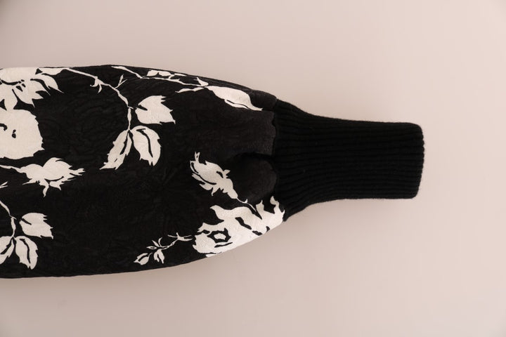 Black sweater with floral brocade and fur