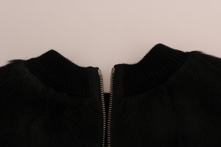 Black sweater with floral brocade and fur