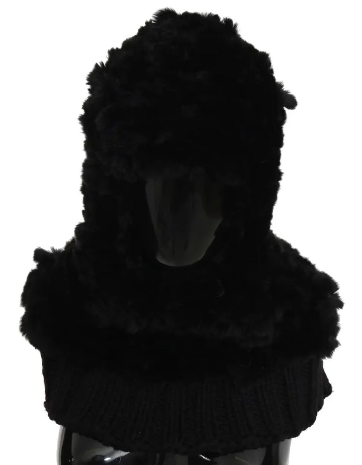 Black silver fox fur cashmere hooded scarf