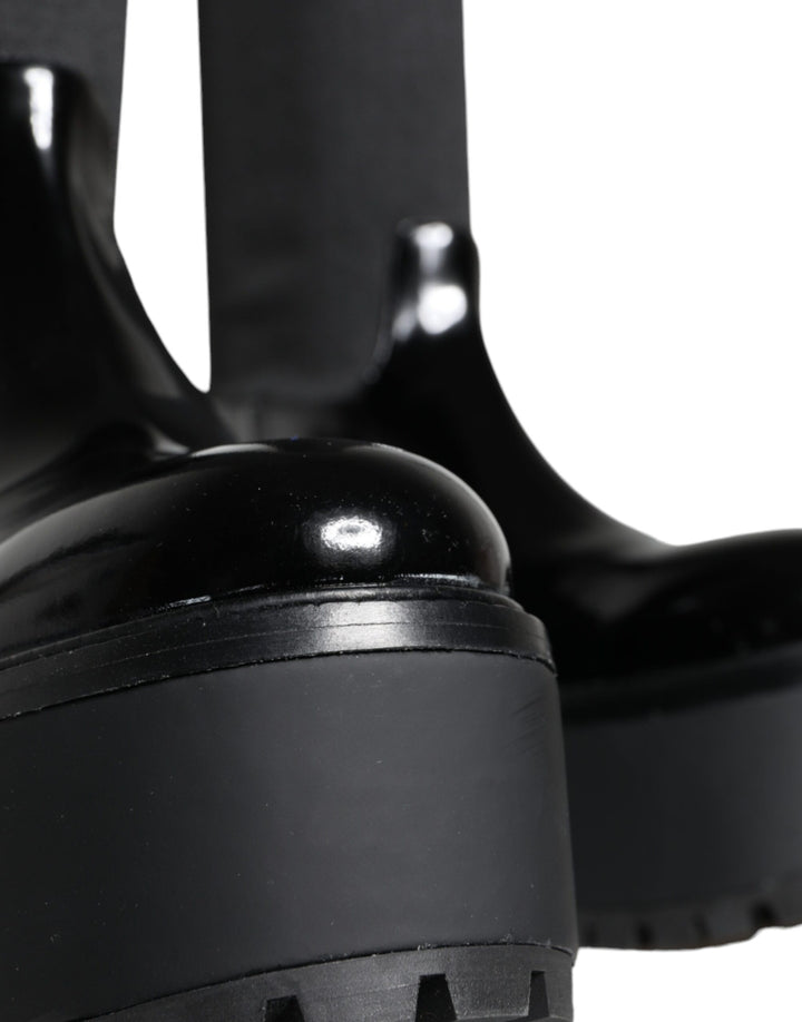 Schwarze Leder Jersey Kniehohe Stiefel Schuhe