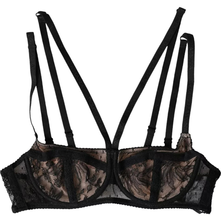 Black floral lace nylon balcony bra underwear