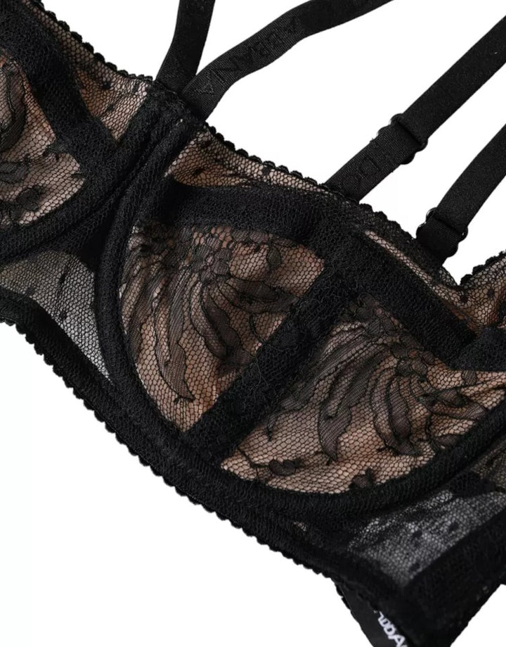 Black floral lace nylon balcony bra underwear