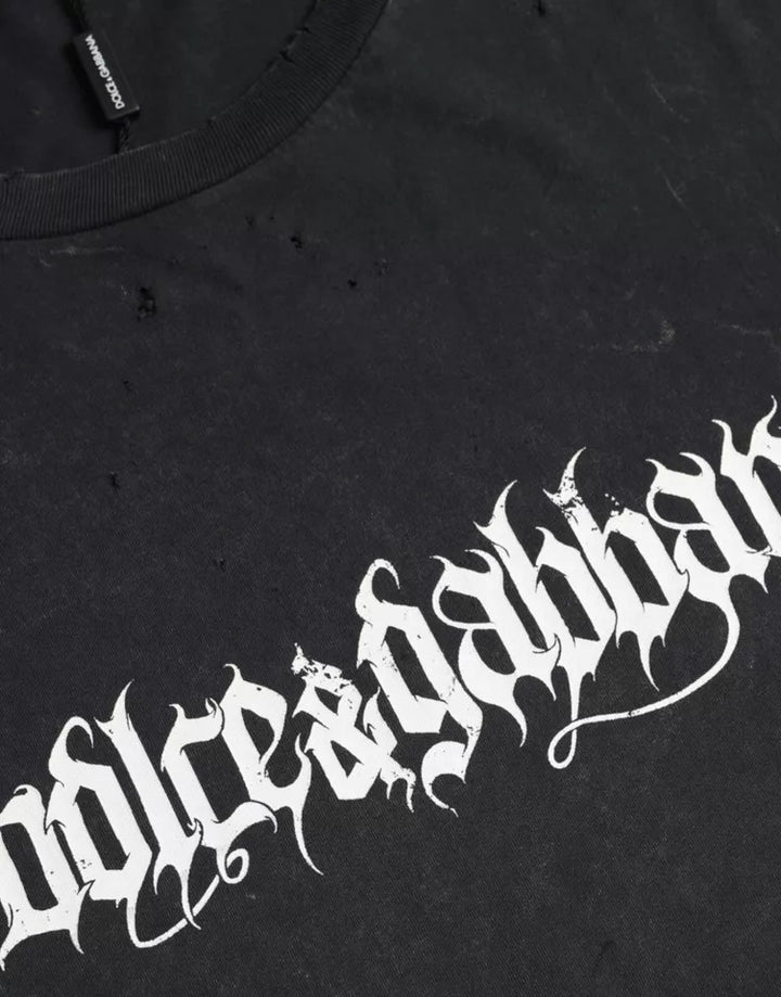 Black printed cotton T-shirt with short sleeves