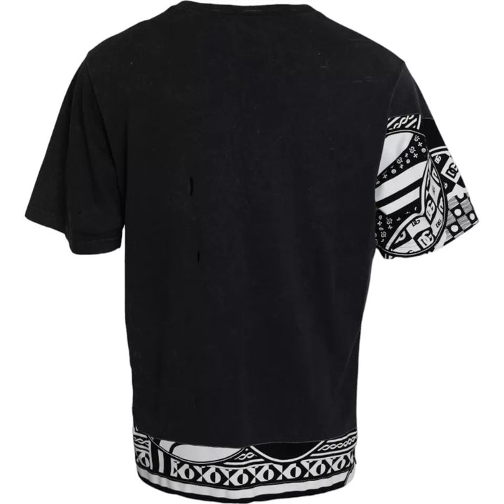 Black printed cotton T-shirt with short sleeves