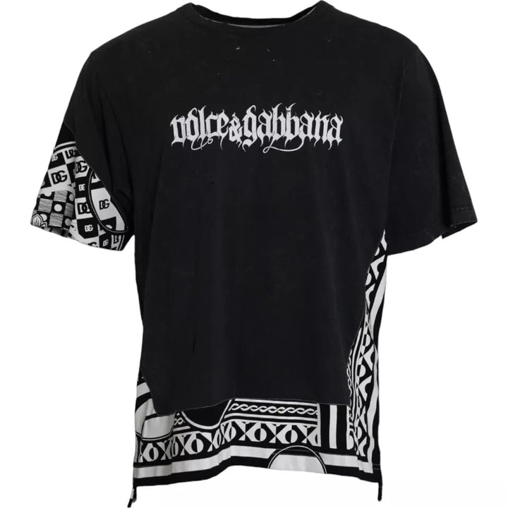 Black printed cotton T-shirt with short sleeves