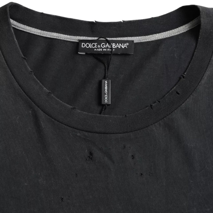 Black printed cotton T-shirt with short sleeves