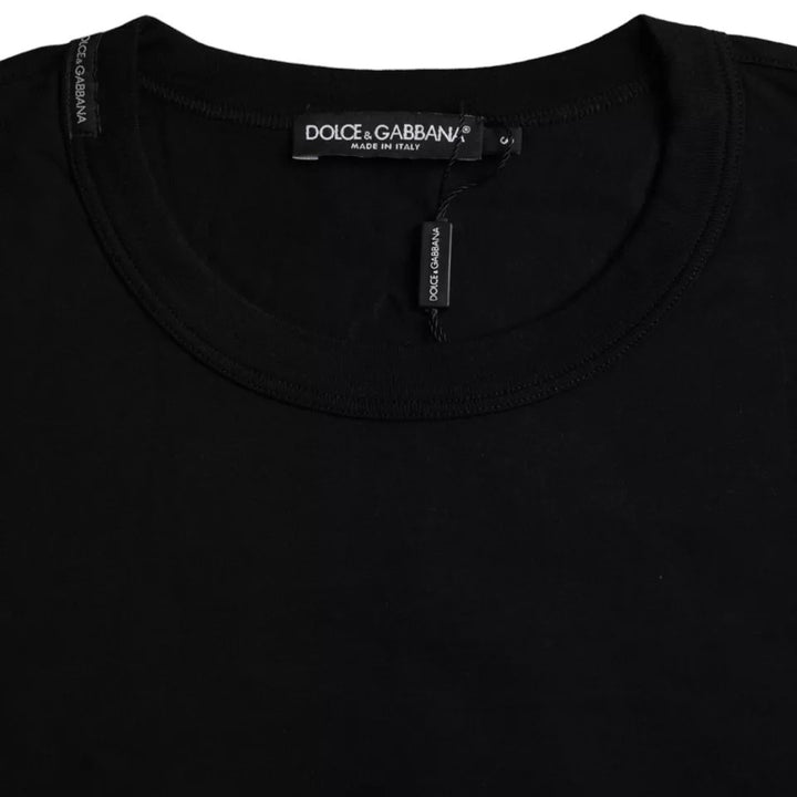Black round-neck cotton T-shirt with embossed logo