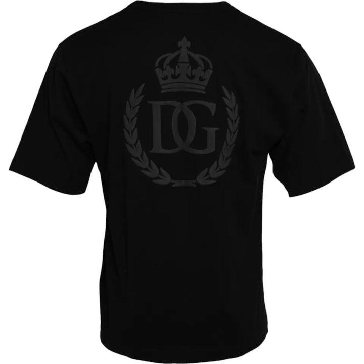 Black round-neck cotton T-shirt with embossed logo
