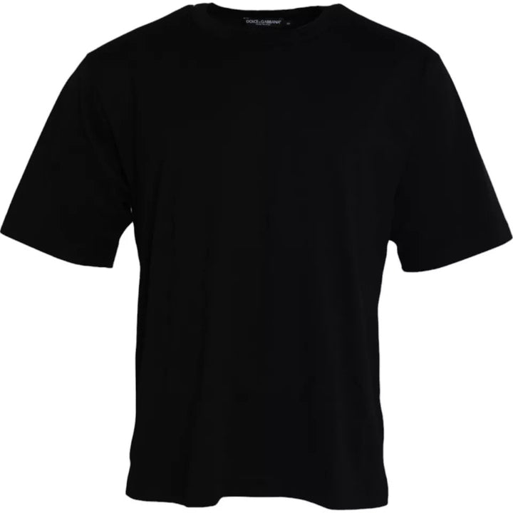 Black round-neck cotton T-shirt with embossed logo
