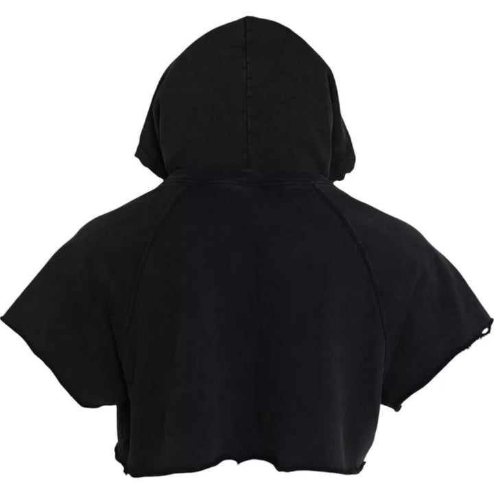 Black cotton T-shirt with hood and short sleeves
