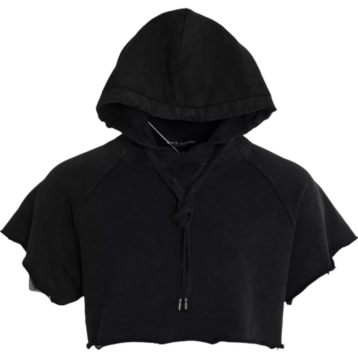 Black cotton T-shirt with hood and short sleeves