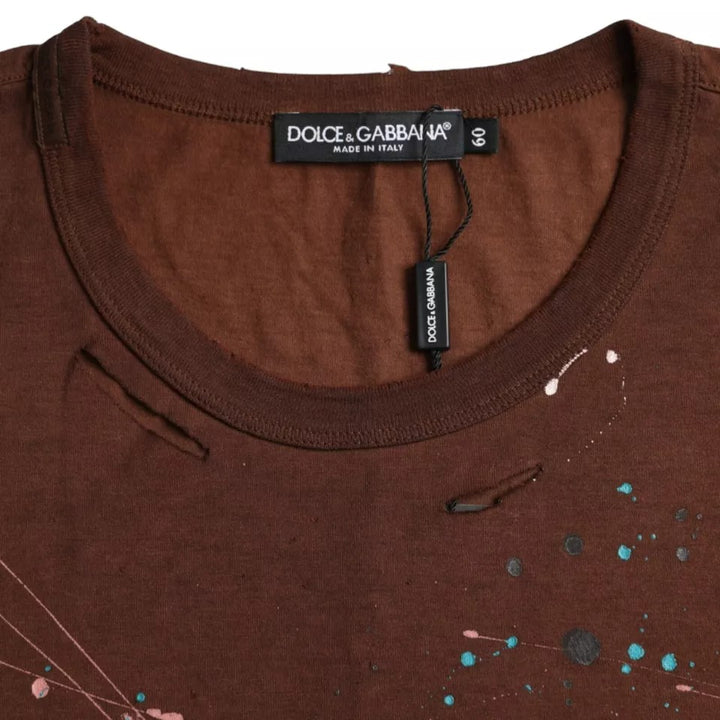 Braunes T-Shirt mit Rundhalsausschnitt aus Baumwolle mit Farbklecksen