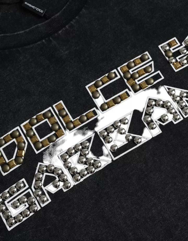 Black cotton round neck T-shirt with logo print for men