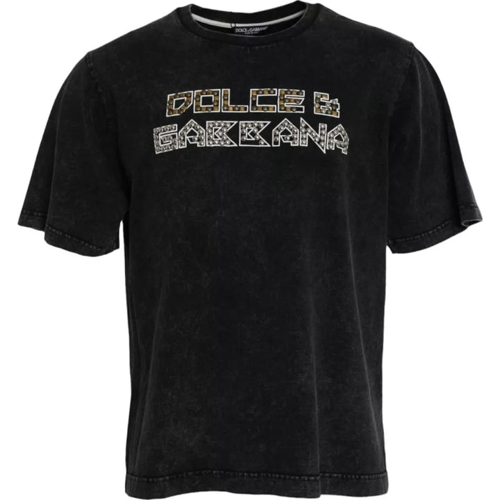 Black cotton round neck T-shirt with logo print for men