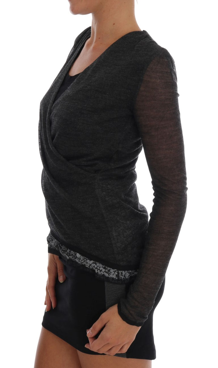 Graues Woll-Spitzen-Top Langarm-T-Shirt