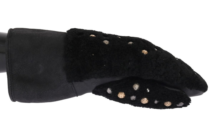 Schwarze Leder-Shearling-Handschuhe mit Nieten