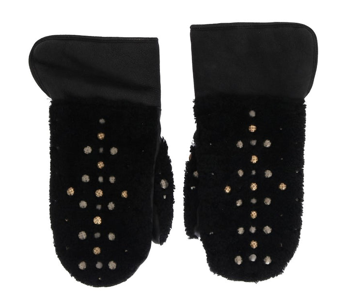 Schwarze Leder-Shearling-Handschuhe mit Nieten