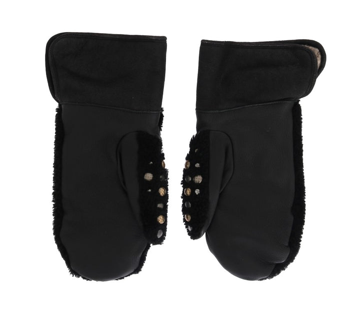 Schwarze Leder-Shearling-Handschuhe mit Nieten