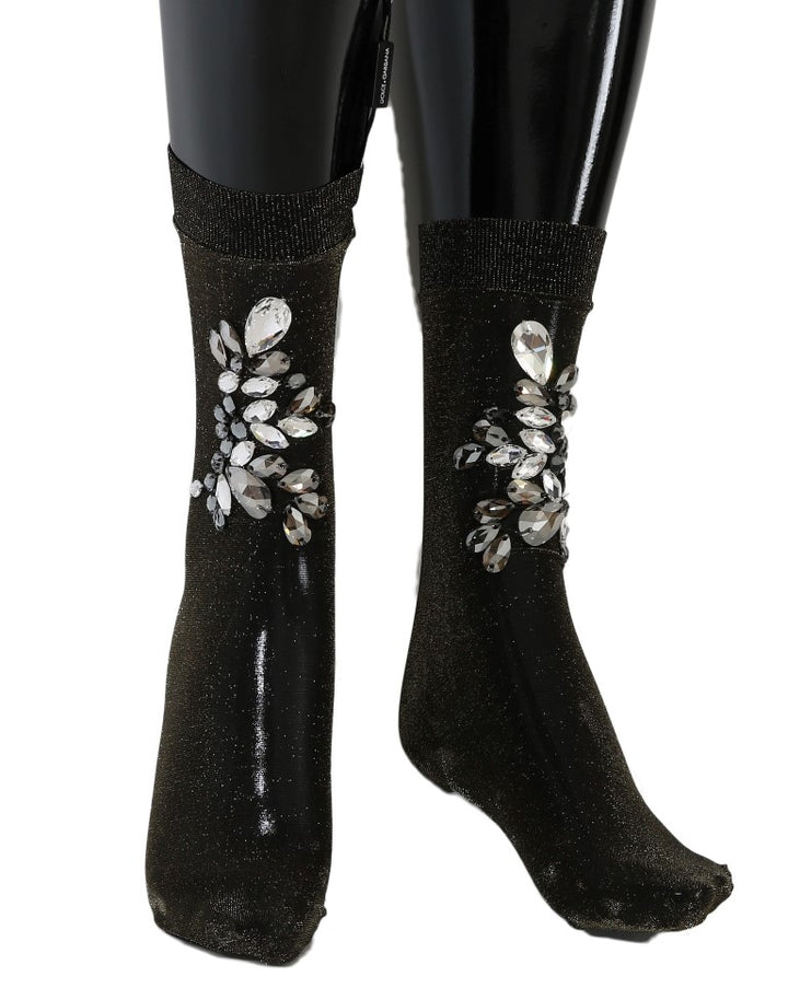 Schwarze Stretch Floral Socken mit klarem Kristall