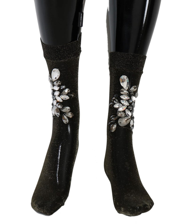 Schwarze Stretch Floral Socken mit klarem Kristall