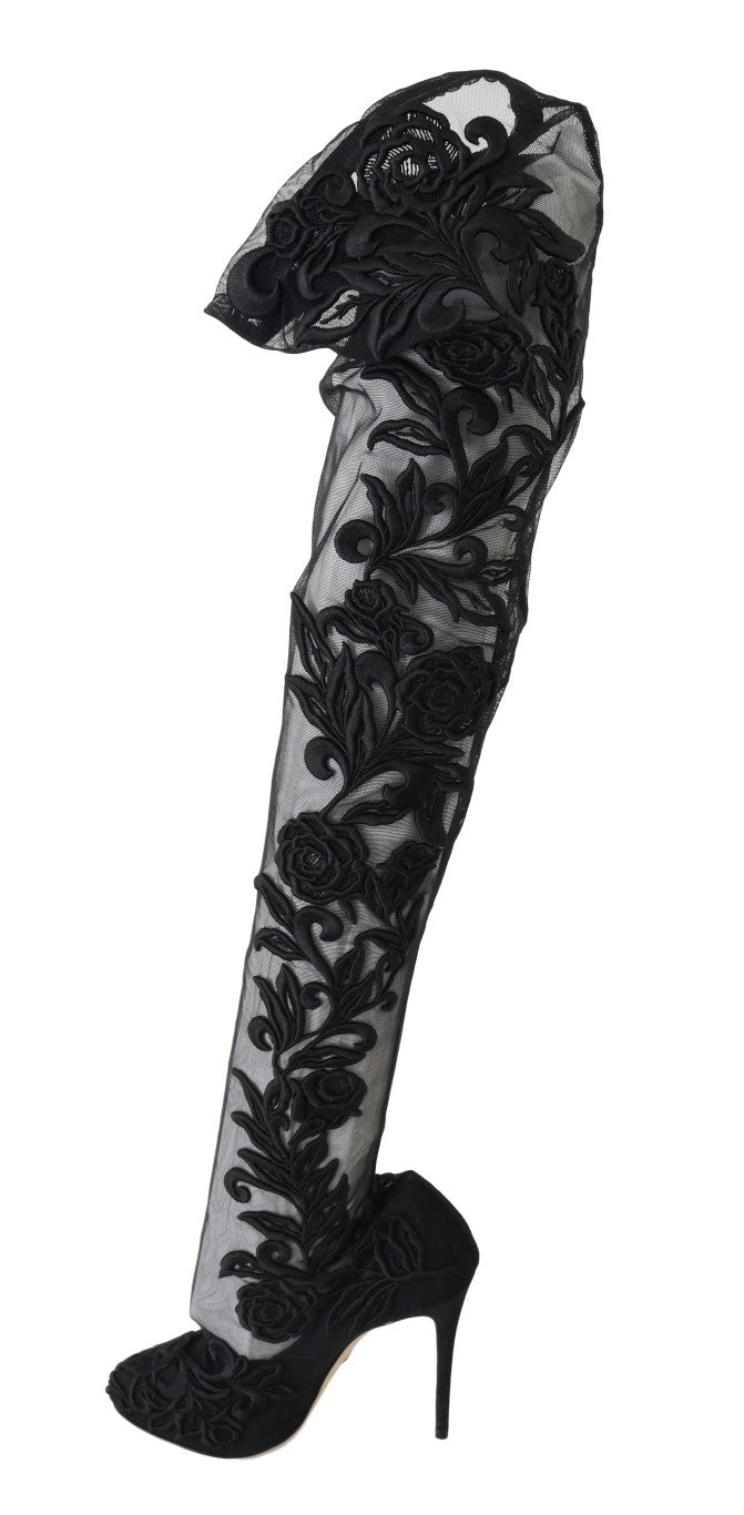 Schwarze floral bestickte Socken Stiefel