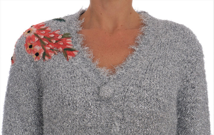 Elegant silver cardigan with floral appliqués
