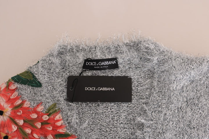 Elegant silver cardigan with floral appliqués