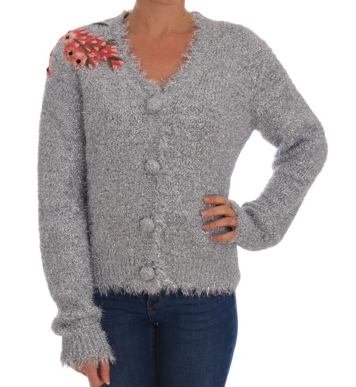 Elegant silver cardigan with floral appliqués
