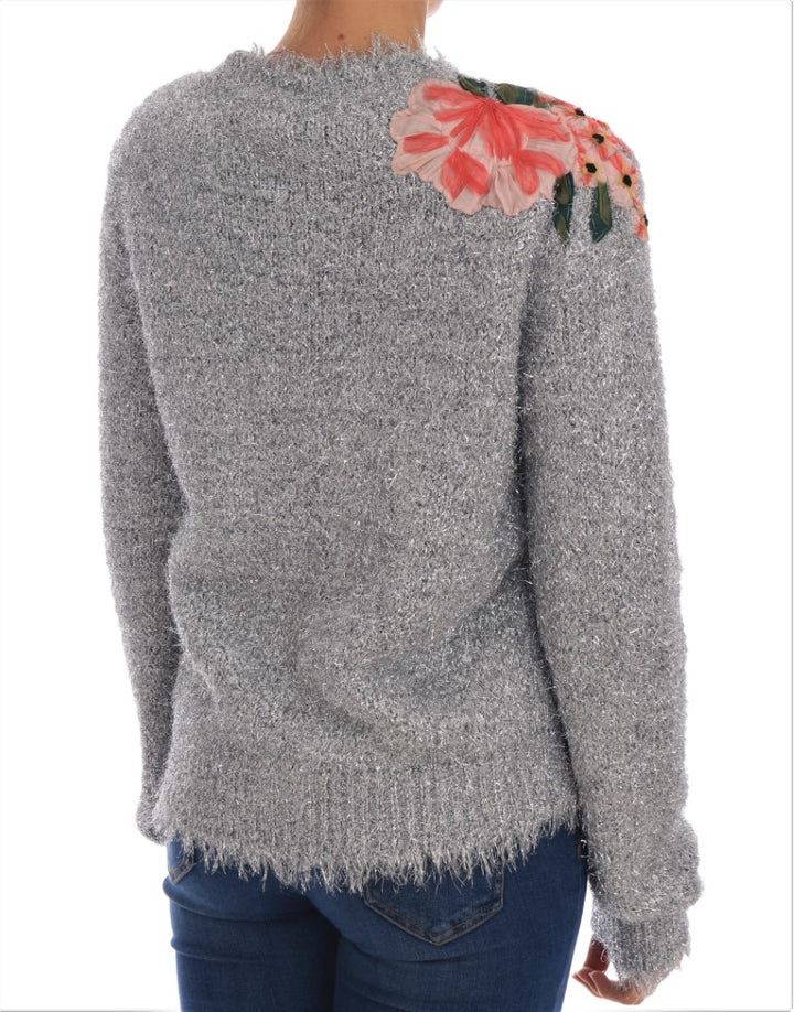 Elegant silver cardigan with floral appliqués